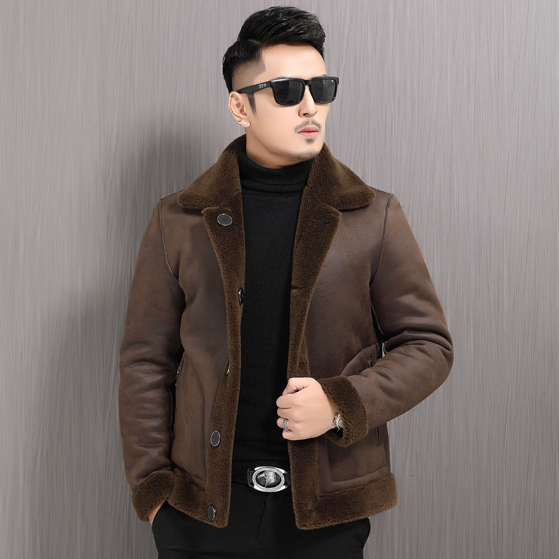 Men's Leather Faux Winter Fur Woolen Coat Men Turn Down Collar Button Fashion Warm Casual Jacket Outwear Thickening Overcoat 230324
