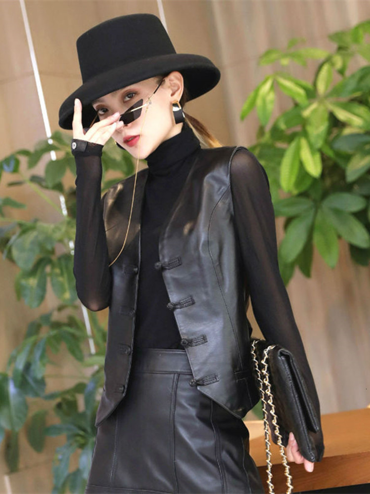 Women's Jackets Leather Vest Short Spring Autumn Sheepskin Tang Buckle Small Genuine Slim Outerwear V Neck Coat 230324
