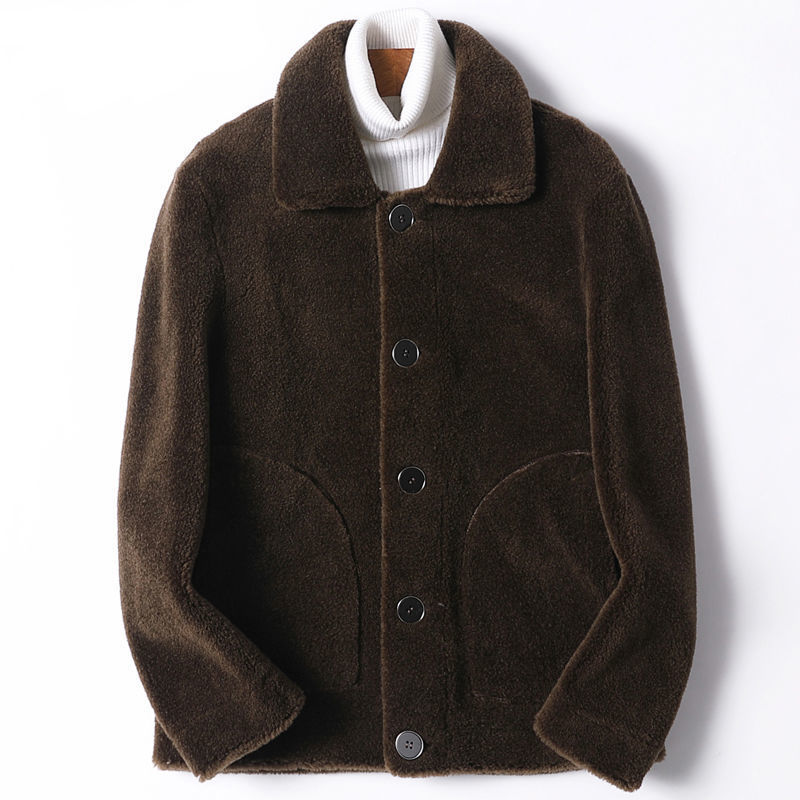 Men's Leather Faux Winter Fur Woolen Coat Men Turn Down Collar Button Fashion Warm Casual Jacket Outwear Thickening Overcoat 230324