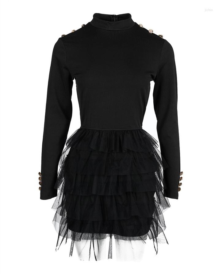 Casual Dresses For Women 2023 Fashion Layered Ruffles Mesh Round Neck Long Sleeve Party Mini Evening Skinny Dress