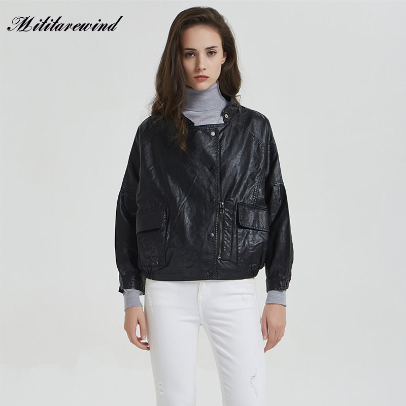 Women's Jackets Standup Collar Motorcycle PU Leather Spring Autumn Short Korean BF Big Pocket Small Coat 230324