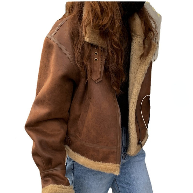 Women's Jackets Winter Lamb Fur Coat Deerskin Brown Integrated Motorcycle Suit Loose Street Retro Women 230324