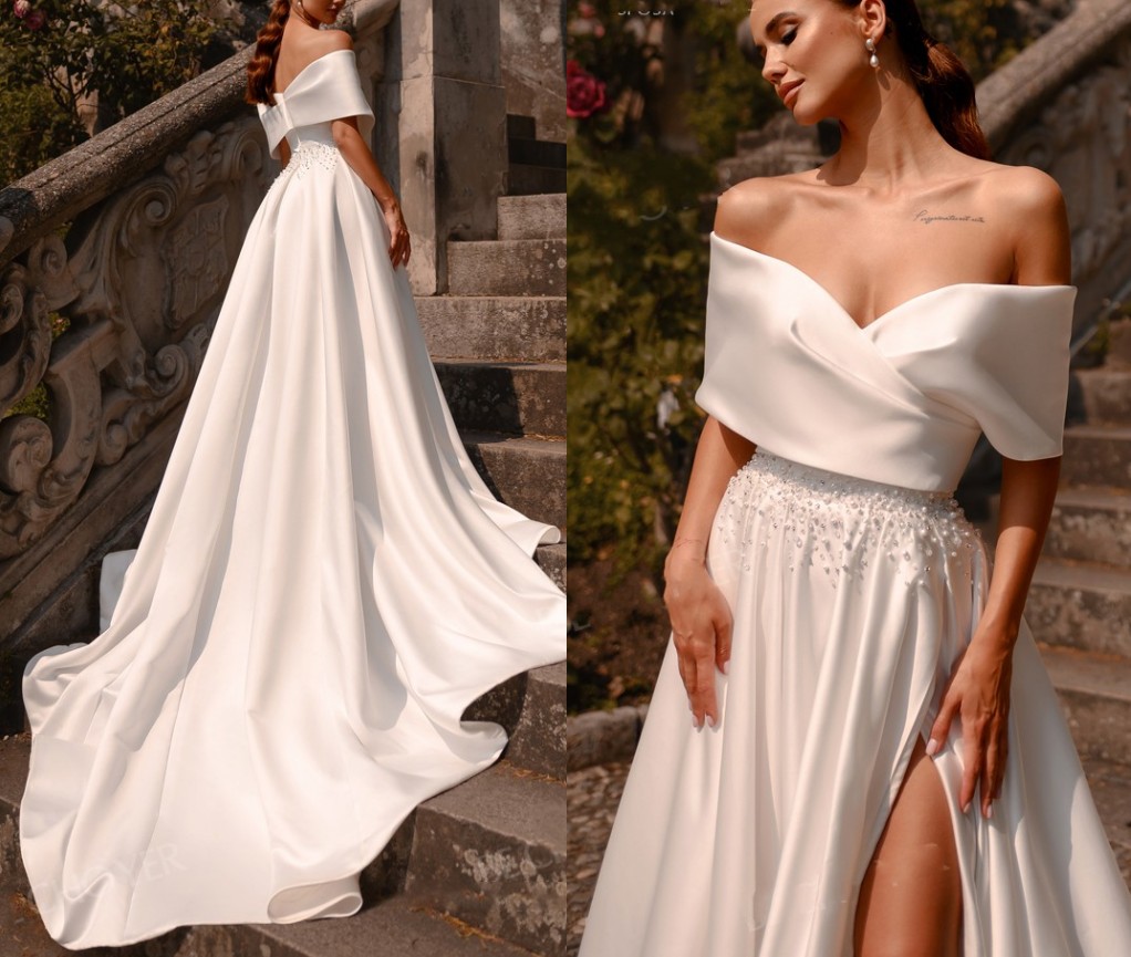 New Wedding Dress Satin Pearls A-Line Off Shoulder Bride Gown for Women 2023 Court Train Princess Vestido de Noiva