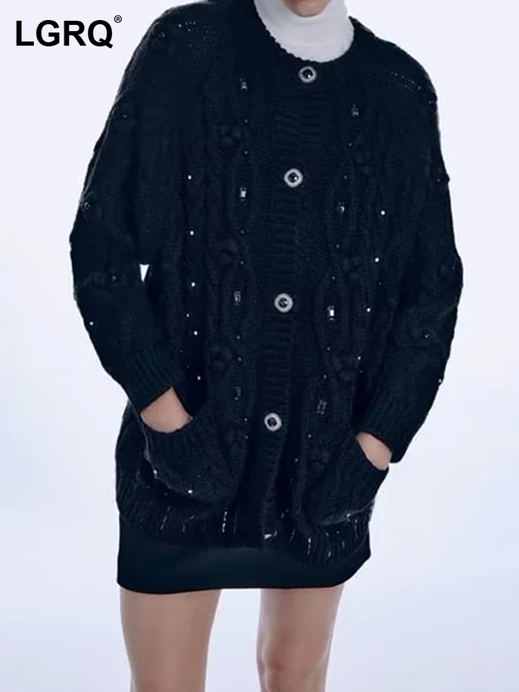 Women's Knits Tees LGRQ Fashion Sweater Single Breasted Oneck Diamonds Long Sleeve Hollow Out Knitted Cardigan Autumn 2023 19J2671 230324
