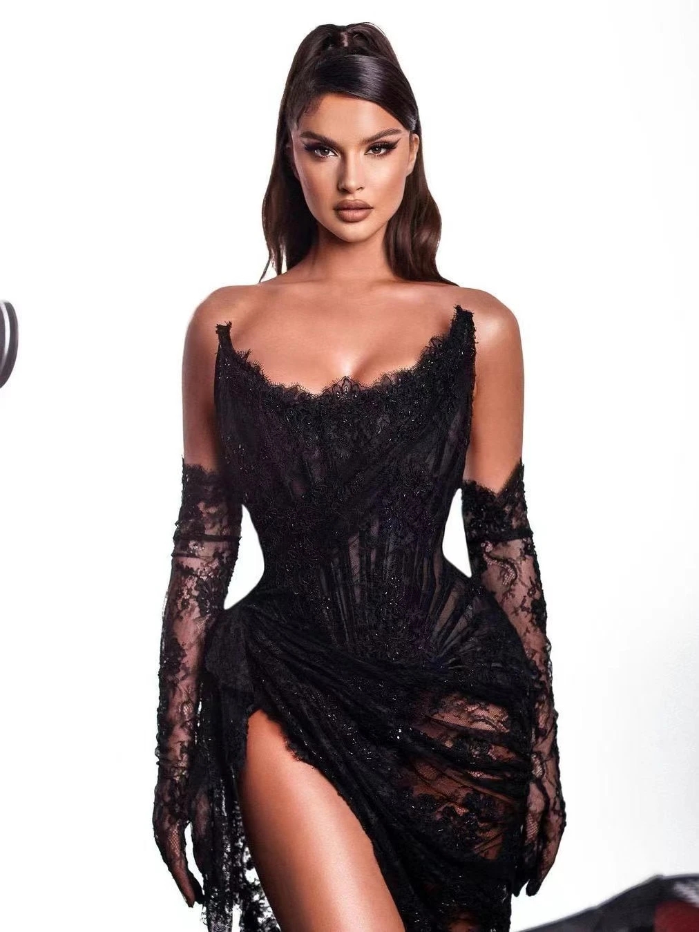 See-thru Black Prom Sexy Dresses 2023 Two Sleeves Illusion Lace Birthday Tail Party Performance Gowns Robe De Bal