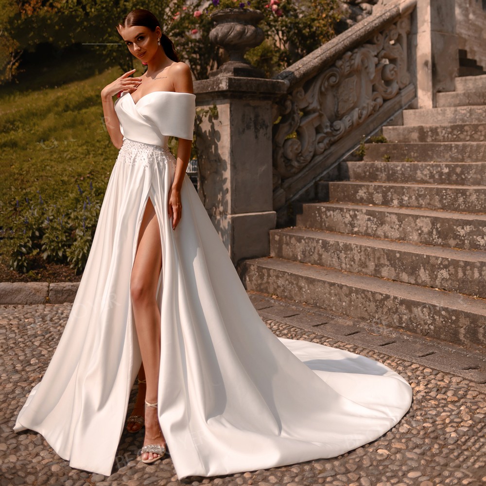 New Wedding Dress Satin Pearls A-Line Off Shoulder Bride Gown for Women 2023 Court Train Princess Vestido de Noiva