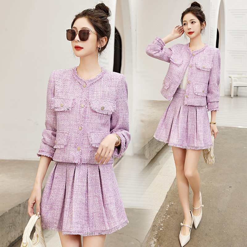 Two Piece Dress Small Fragrant Suits Short Skirt Set Female Spring Korean Fashion Sweet Temperament Pleated ALine Mini piece Suit 230324