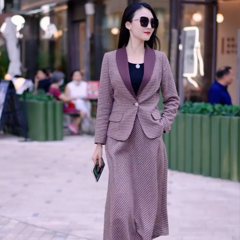 Two Piece Dres's Fashion Suit Skirt Twopiece Set Autumn and Winter Elegant Long Sleeve Vintage Blazer Coat Mid Skirts Suits 230324