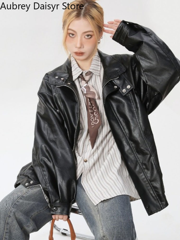 Women's Jackets Streetwear Loose Black Leather Women Punk Fashion Trend Biker Zipper High Street Vintage Chic Coat 230324