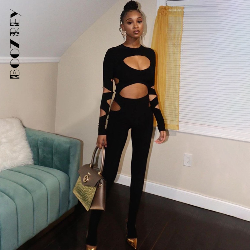 Women's Jumpsuits Rompers BoozRey Black Sexy Backless Hollow Out Jumpsuits Women Casual Pencil Pants Rompers Club Party Clothes Lady Bodysuit 230