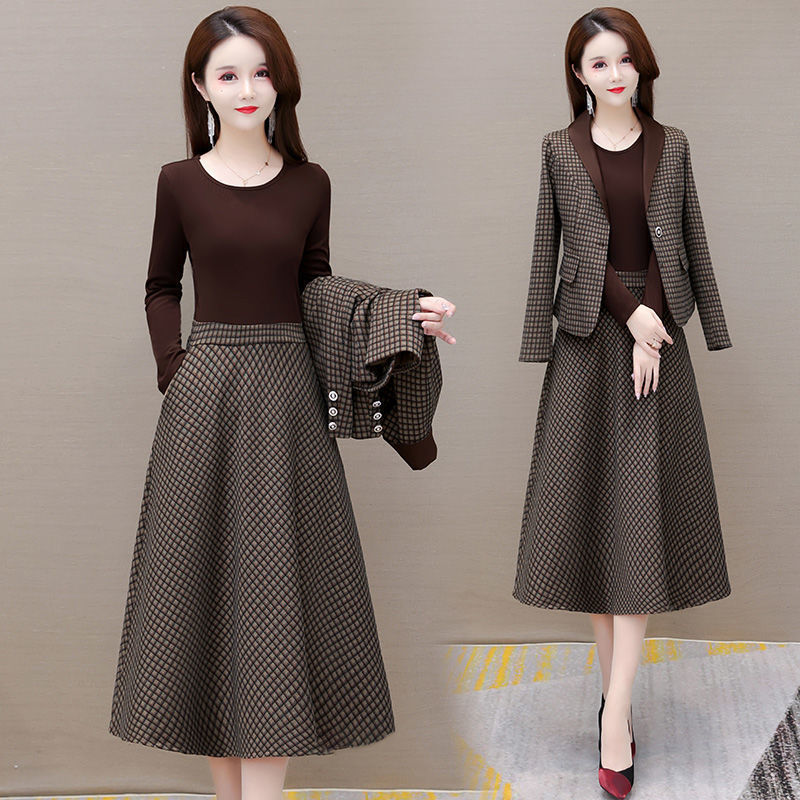 Two Piece Dres's Fashion Suit Skirt Twopiece Set Autumn and Winter Elegant Long Sleeve Vintage Blazer Coat Mid Skirts Suits 230324