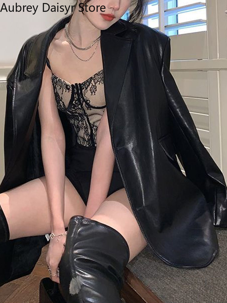 Women's Jackets Fashion Lady Black Leather Women Korean Chic Loose Blazers Streetwear Vintage Punk Biker 2023 230324