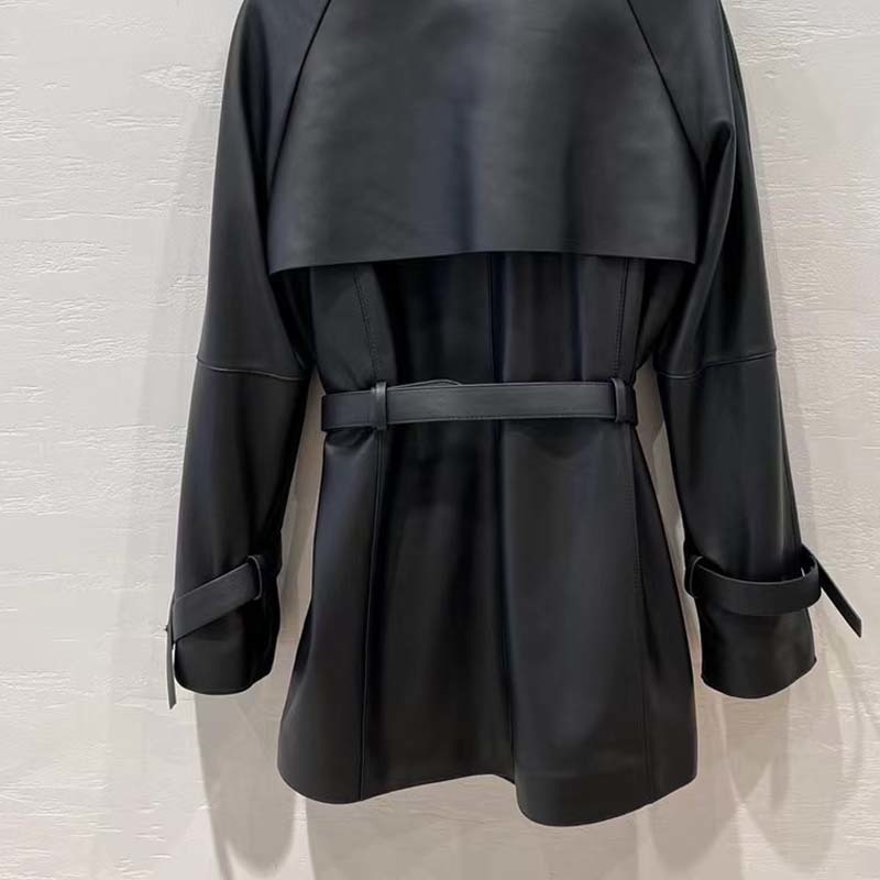 Women's Jackets Genuine Leather Jacket Women Coat Spring Top Technology TurnDown Collar 2023 Fashion Shoulder Sleeve Belted Trench 230324