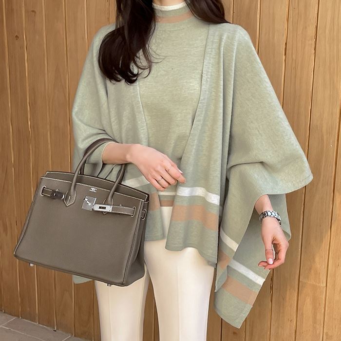 Women's Knits Tees Chic Autumn Winter Knitted Cardigan 2 Piece Set Women Batwing Sleeve Loose Cloak Shawl Sweater Coat Stand Collar Pullover Tops