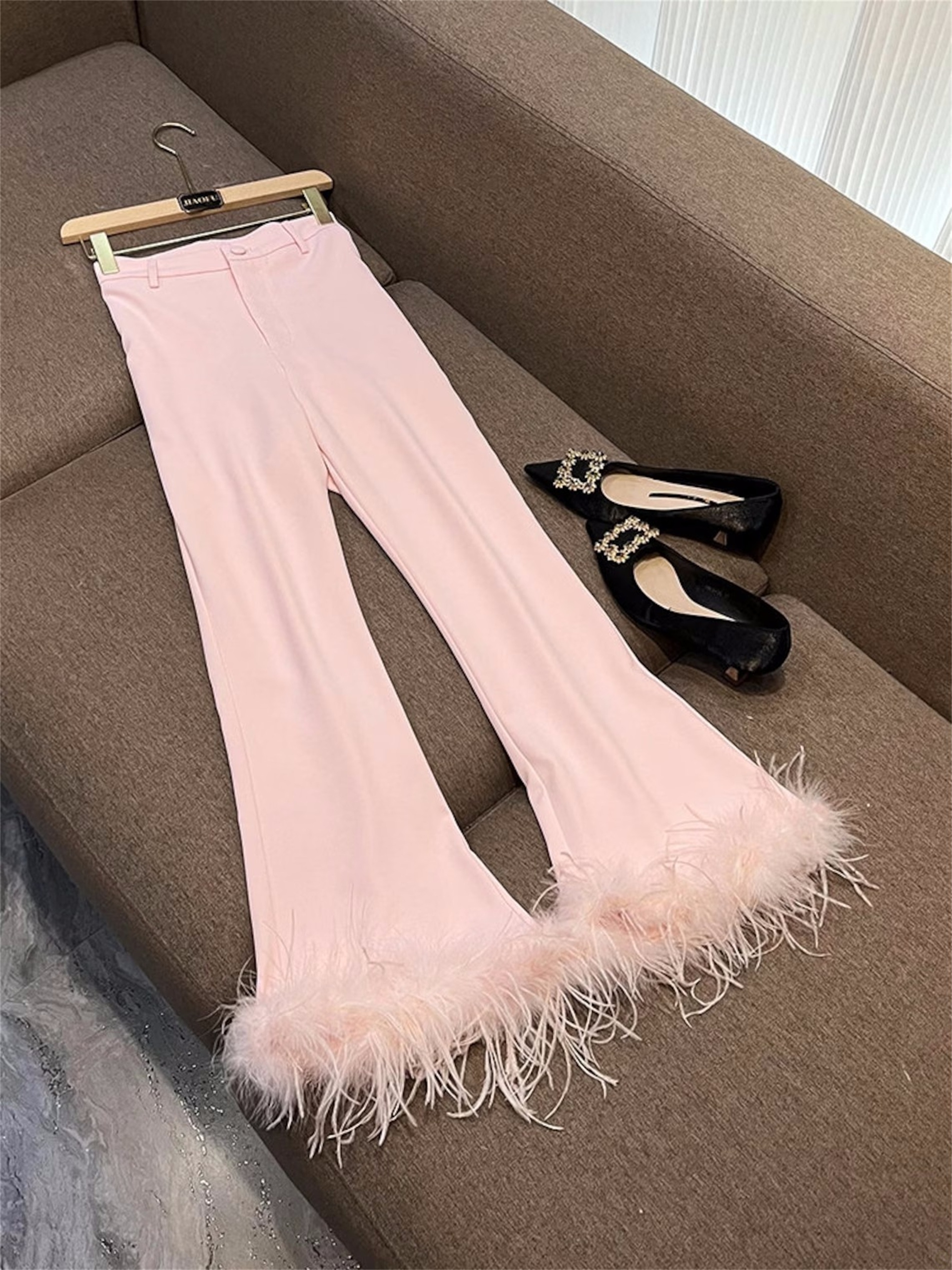 Pink Tailored Women Pants Suits Ostrich Feather Celebrity Lady Customization Prom Formal Guest Wear For Wedding 2 Pieces