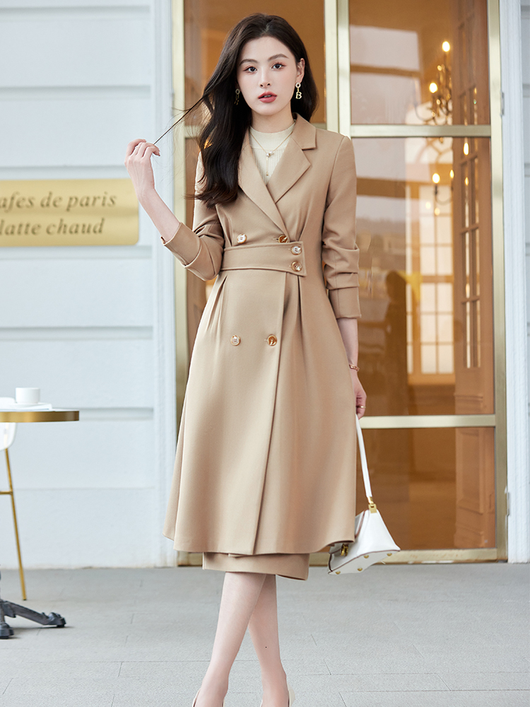 Two Piece Dress Black Apricot Coffee Office Ladies Formal Skirt Suit Women Female Long Sleeve Set for Autumn Winter Business Work Wear 230324