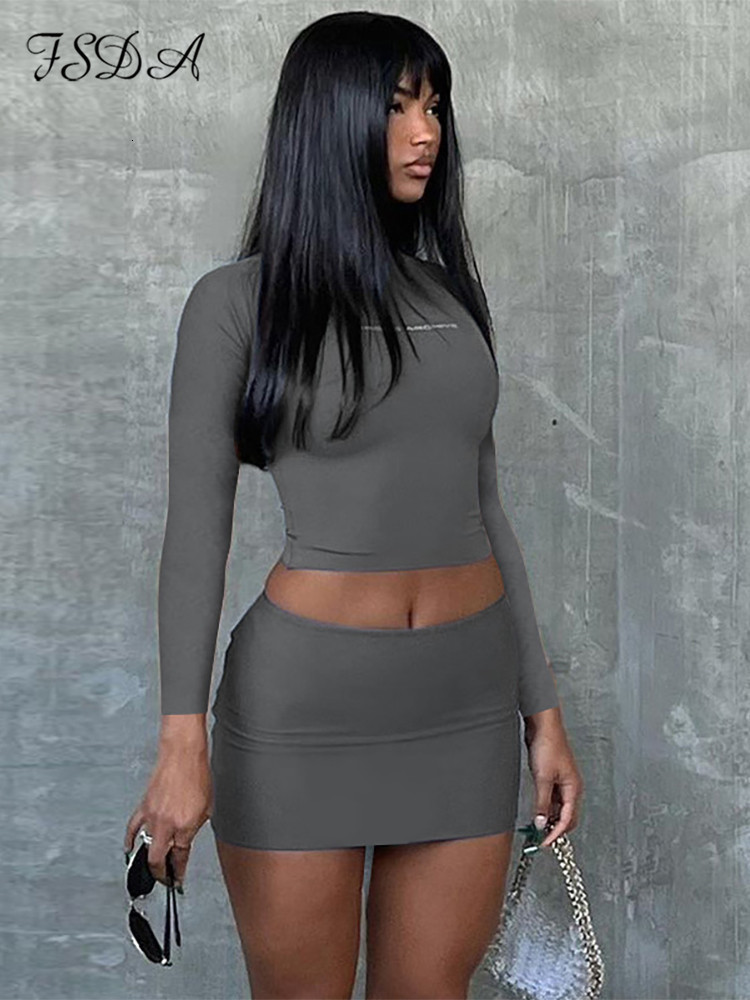 Two Piece Dress FSDA Y2K Set Casual Long Sleeve Crop Top Shirts And Mini Bodycon Skirts Black Women Sets Party Outfits Club Sexy 230324