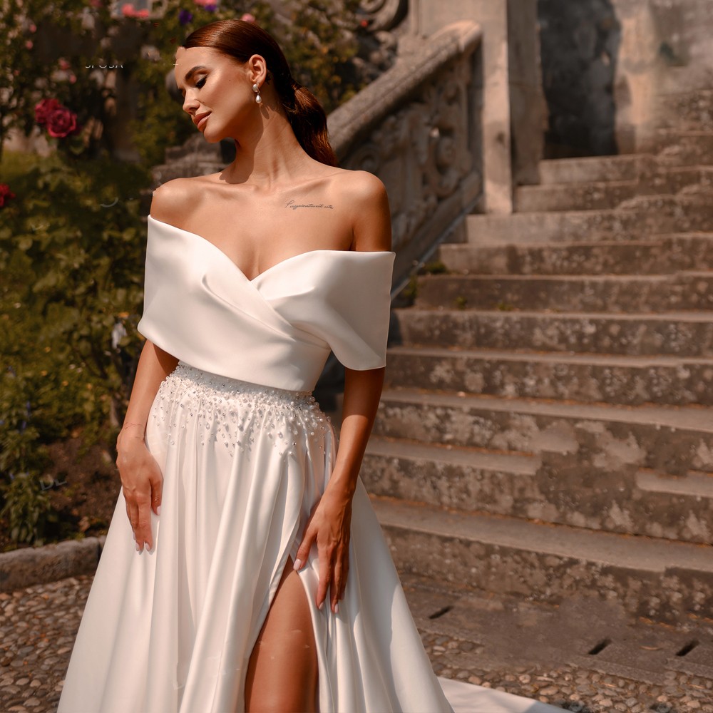 New Wedding Dress Satin Pearls A-Line Off Shoulder Bride Gown for Women 2023 Court Train Princess Vestido de Noiva