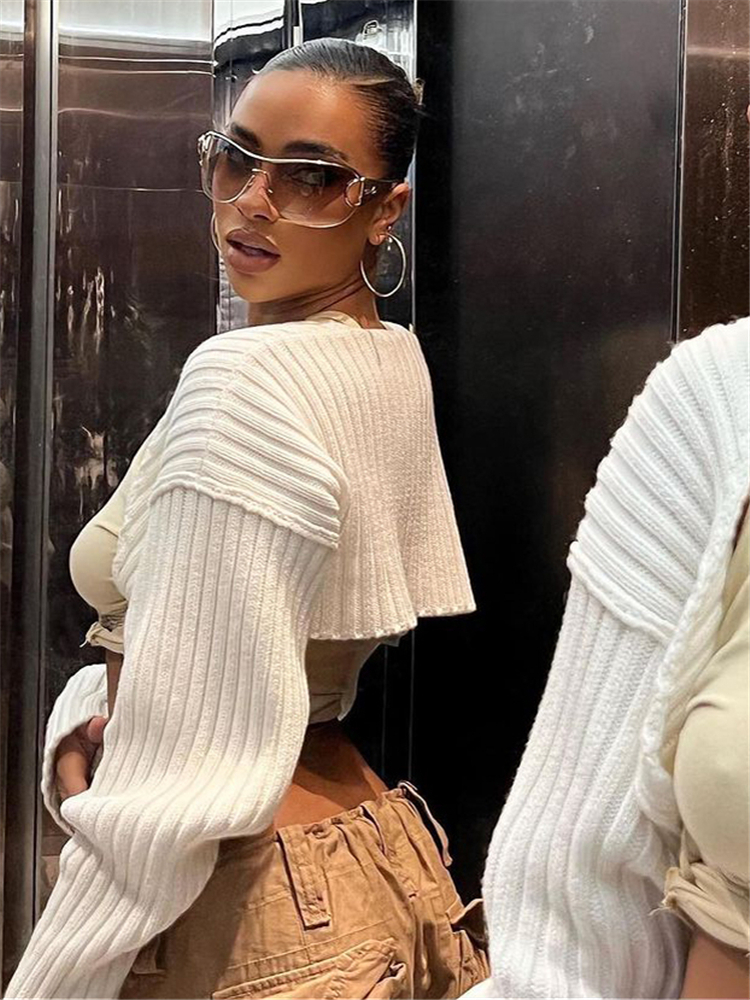 Women's Knits Tees Tossy White Women Sweater Shrugs Cropped Top Full Lantern Sleeve Knitwear Pullover Sexy Summer High Street Outwear Spring 2303