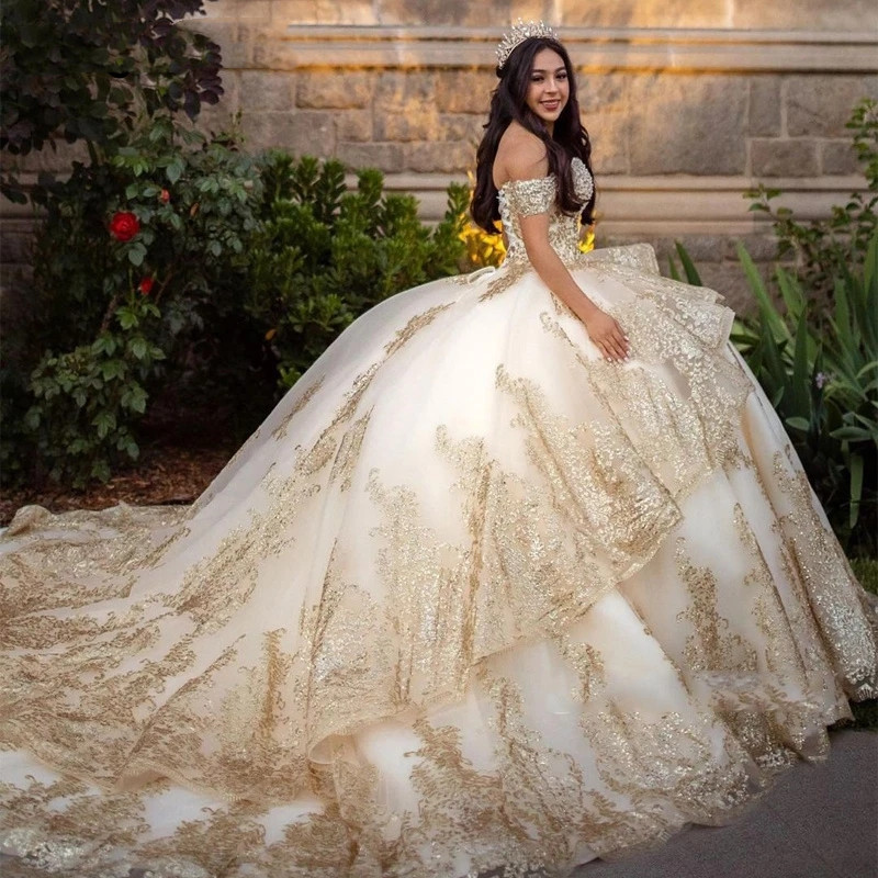 Princess Quinceanera Dresses Champagne Off Shoulder Sequin Applique Pearls Cinderella Sweet Dress Vestidos De Anos Lace up