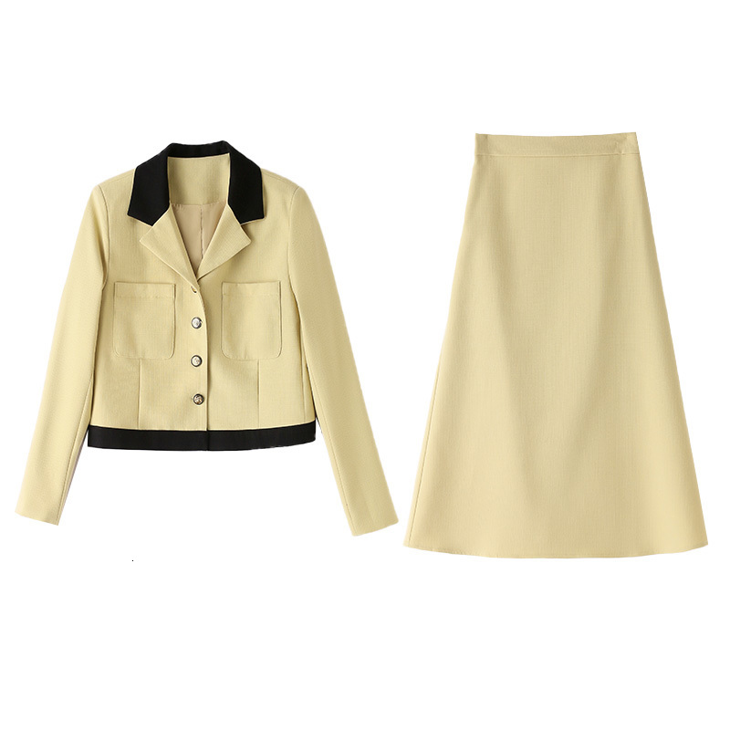 Two Piece Dress Temperament Matching Sets Retro Small Fragrant Jacket Short Coats Long Sleeve Blazer Slim Top And Mid ALine Skirt Suit Chic 230324