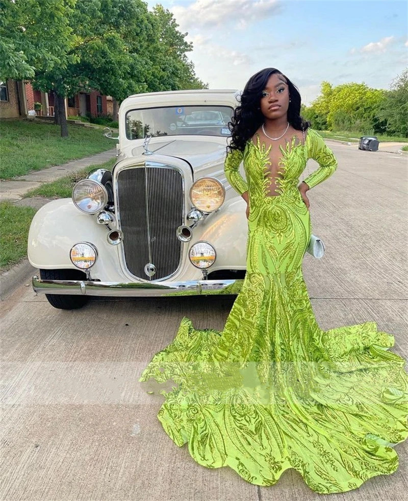 Green Arrival New Lace Mermaid Prom Dresses Sheer Neck Long Sleeves Birthday Party Dress Homecoming Gowns