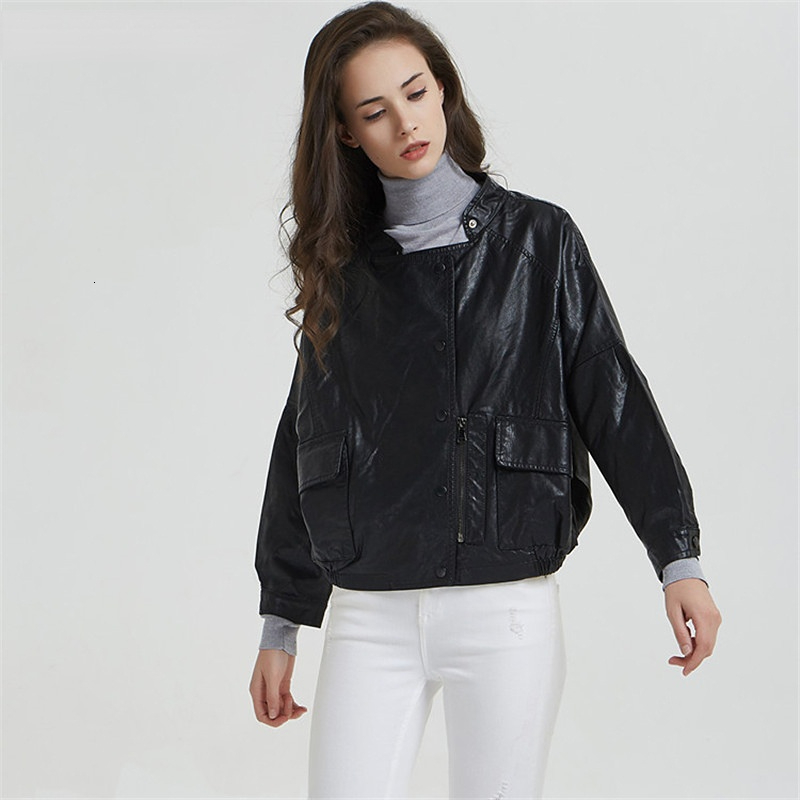 Women's Jackets Standup Collar Motorcycle PU Leather Spring Autumn Short Korean BF Big Pocket Small Coat 230324