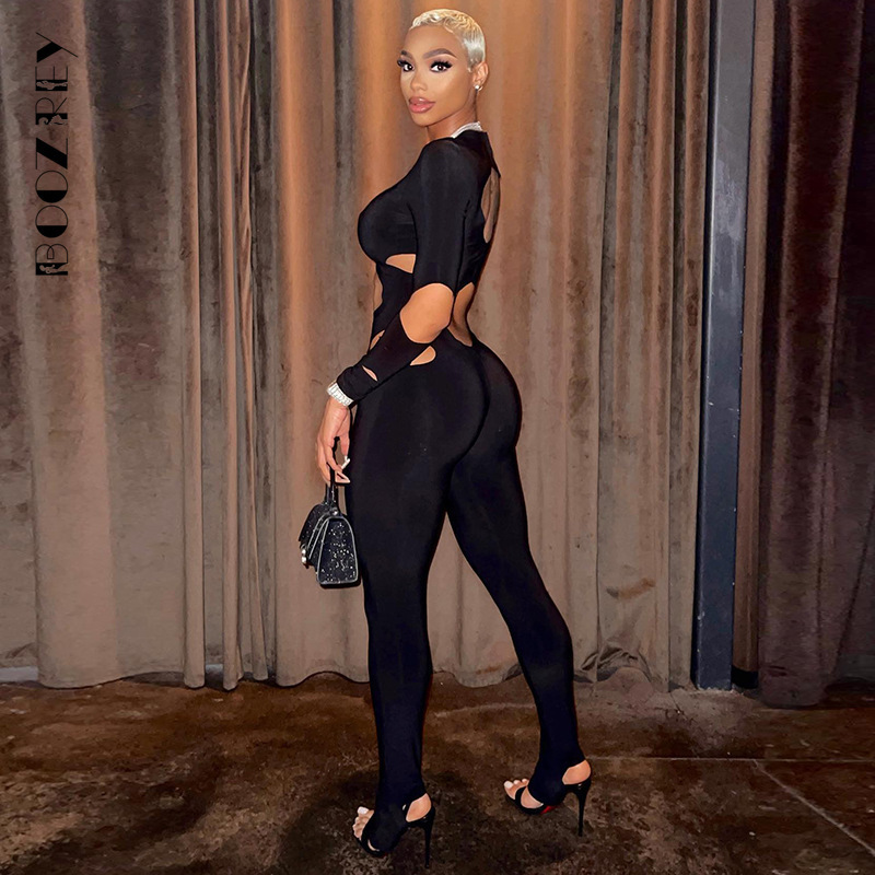 Women's Jumpsuits Rompers BoozRey Black Sexy Backless Hollow Out Jumpsuits Women Casual Pencil Pants Rompers Club Party Clothes Lady Bodysuit 230