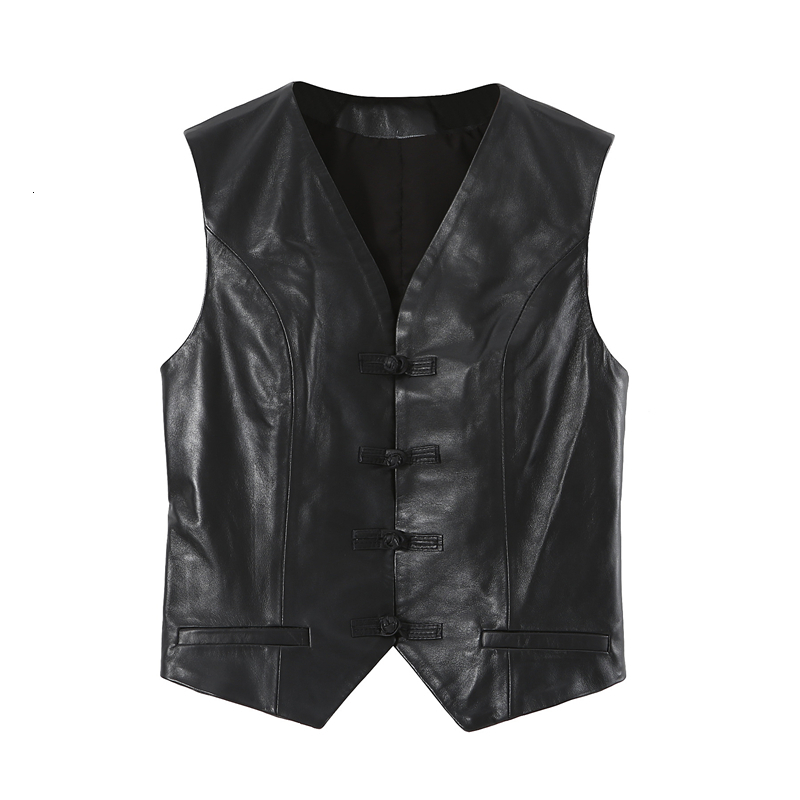 Women's Jackets Leather Vest Short Spring Autumn Sheepskin Tang Buckle Small Genuine Slim Outerwear V Neck Coat 230324