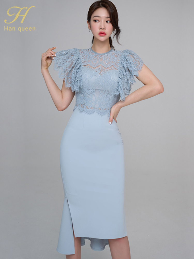 Two Piece Dress H Han Queen s Summer Women Casual 2 Pieces Set Lace Tops Simple Irregular Sheath Skirt Korean Profession Skirts Suits 230324