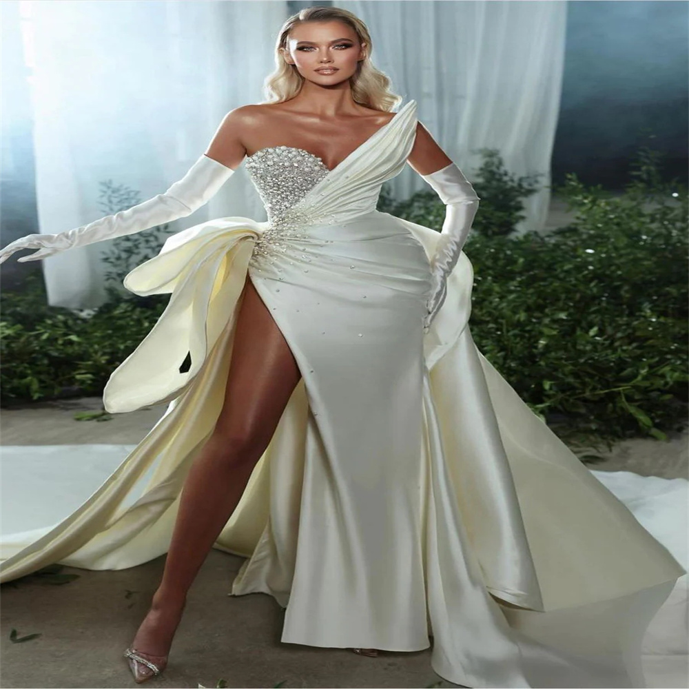 Luxury Ivory Wedding Dress With Pearls Elegant Mermaid Boho Beach Bridal Gowns Sexy High Slit Silk Satin 2023 Robe De Mariee Garden Women Custom Vesti