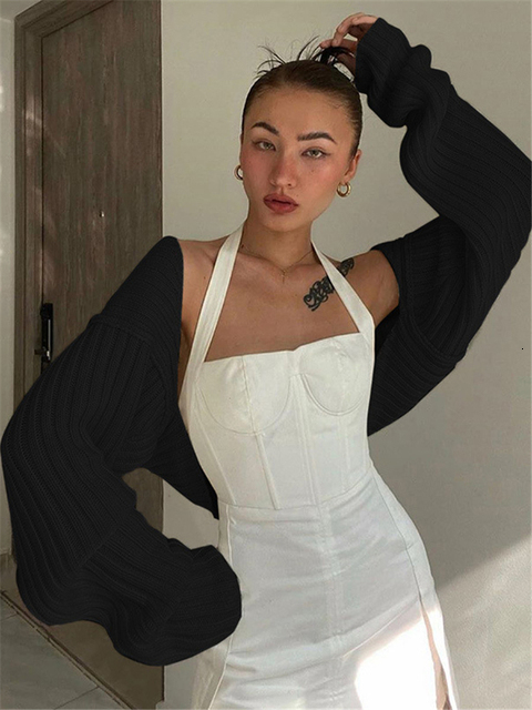 Women's Knits Tees Tossy White Women Sweater Shrugs Cropped Top Full Lantern Sleeve Knitwear Pullover Sexy Summer High Street Outwear Spring 2303
