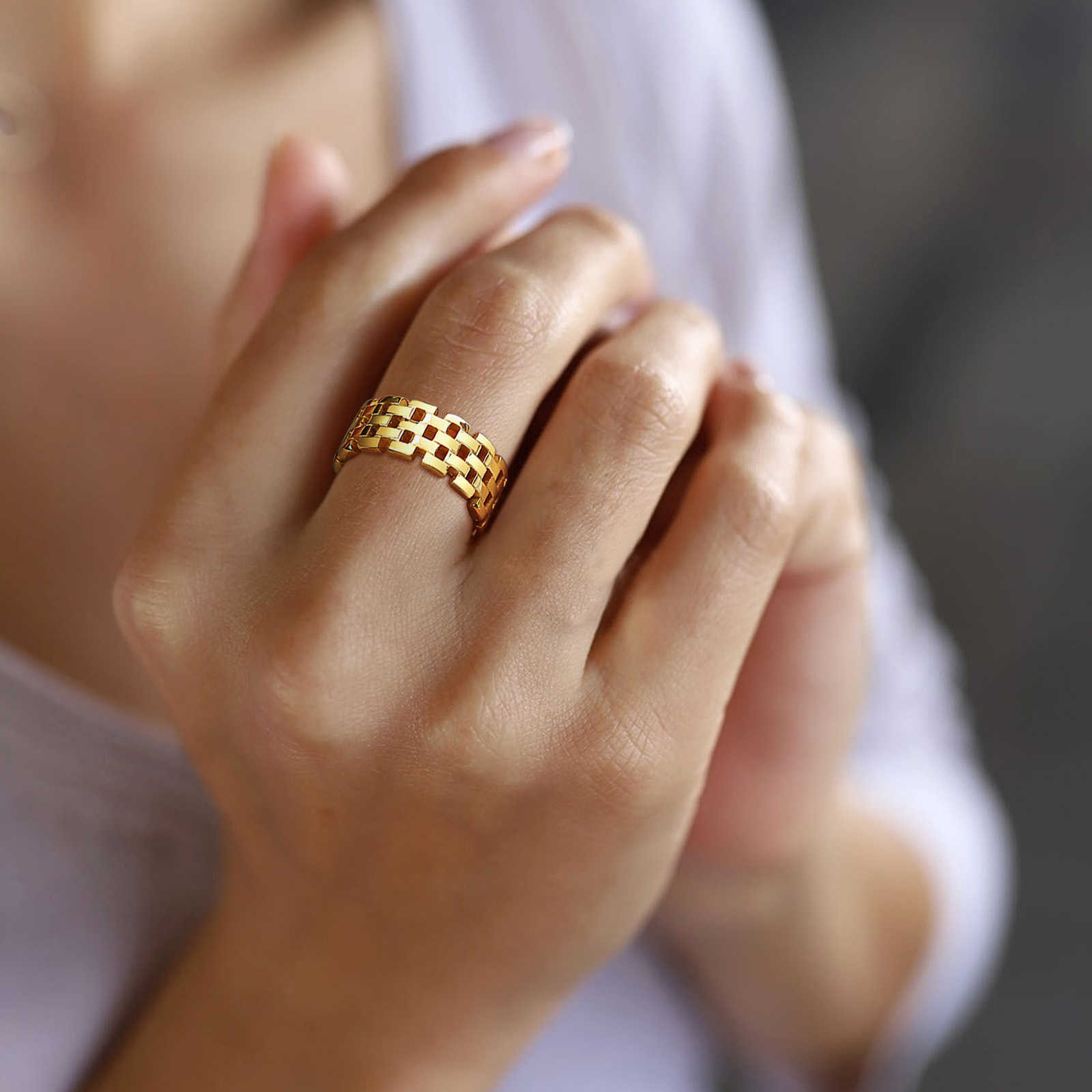 Band Rings Chic Women Chain Ring Gold Color Stainless Steel band Wedding Bands Dainty Minimalist Lady Jewelry AA230323