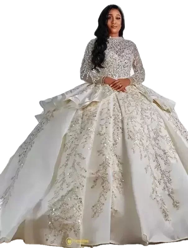 Arabic Urious Style A E Wedding Gowns Long Sleeves Puffy Train Princess Sparkly Sequins Bridal Party Dresses Plus