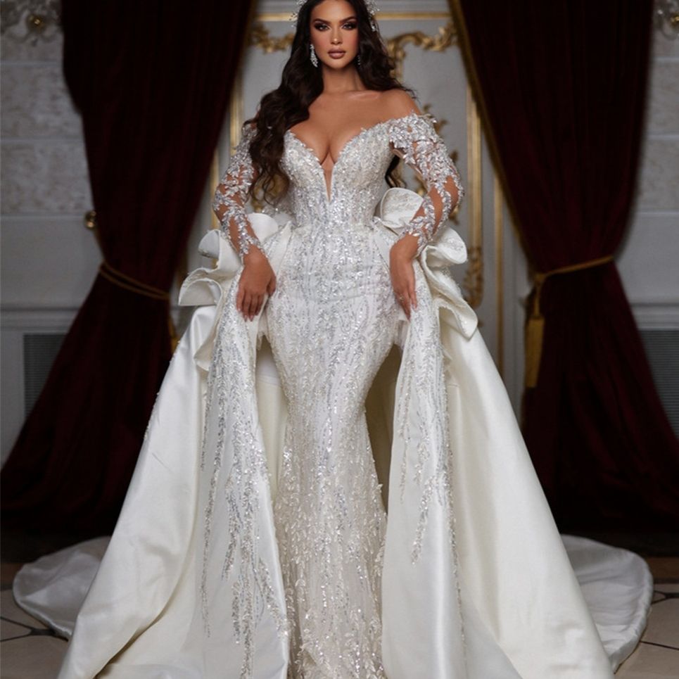 Glamorous Mermaid Wedding Dresses Off Shoulder Lace Ruffles Bridal Gown Custom Made with Detachable Train Wedding Gowns