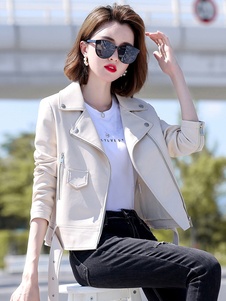 Women's Jackets Women Biker Leather Spring Autumn Fashion Cool Motor Style Suit Collar Sheepskin Short Coat Slim Split 230324