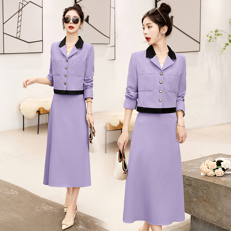 Two Piece Dress Temperament Matching Sets Retro Small Fragrant Jacket Short Coats Long Sleeve Blazer Slim Top And Mid ALine Skirt Suit Chic 230324