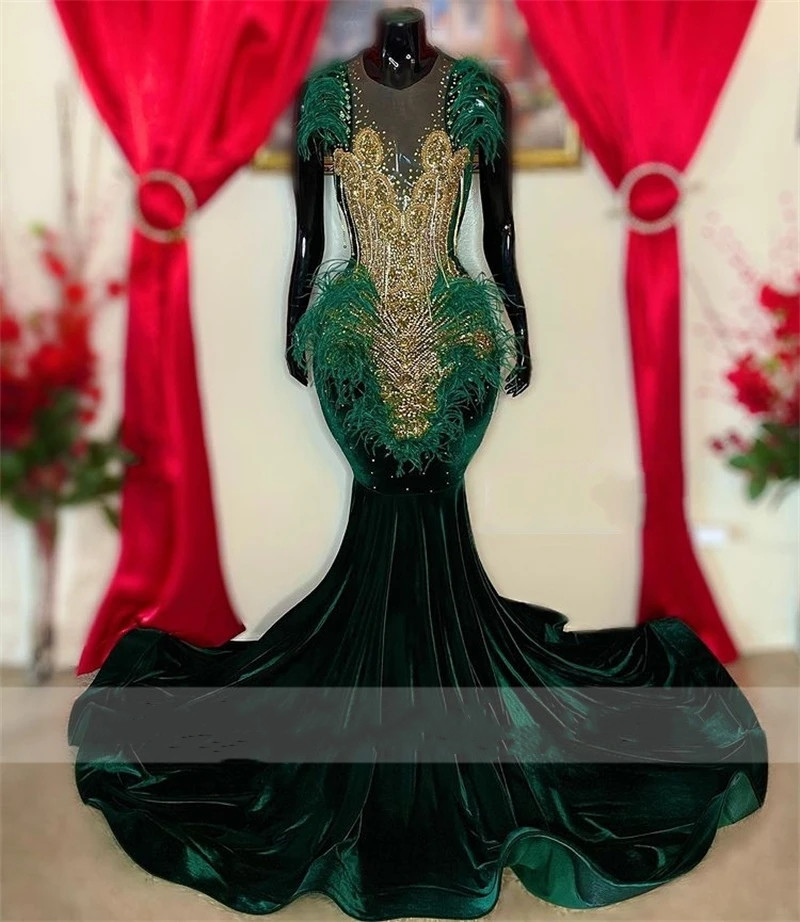 Green Sexy Sparkly Mermaid Prom Veet Sheer Neck Feathers Beads Crystal Graduation Party Dress Robe De Bal 0228Lz