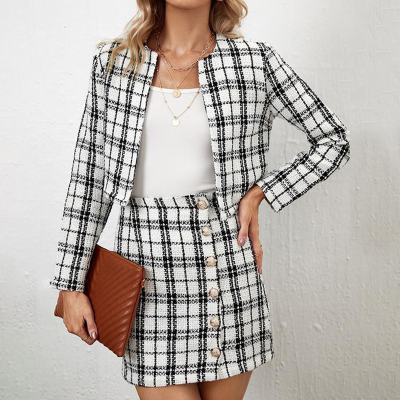 Two Piece Dress Fashion Women Work Skirt Suits Autumn Winter Casual Long Sleeve Jackets High Waist Mini Button Bud Elegant Crop Coats 230324