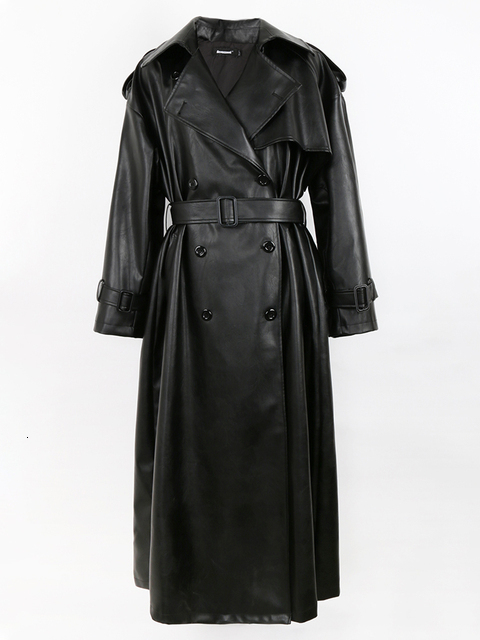 Women's Jackets Nerazzurri Spring Autumn Long Oversized Black Pu Leather Trench Coat for Women Belt Double Breasted Loose Casual Korean Fashion 2