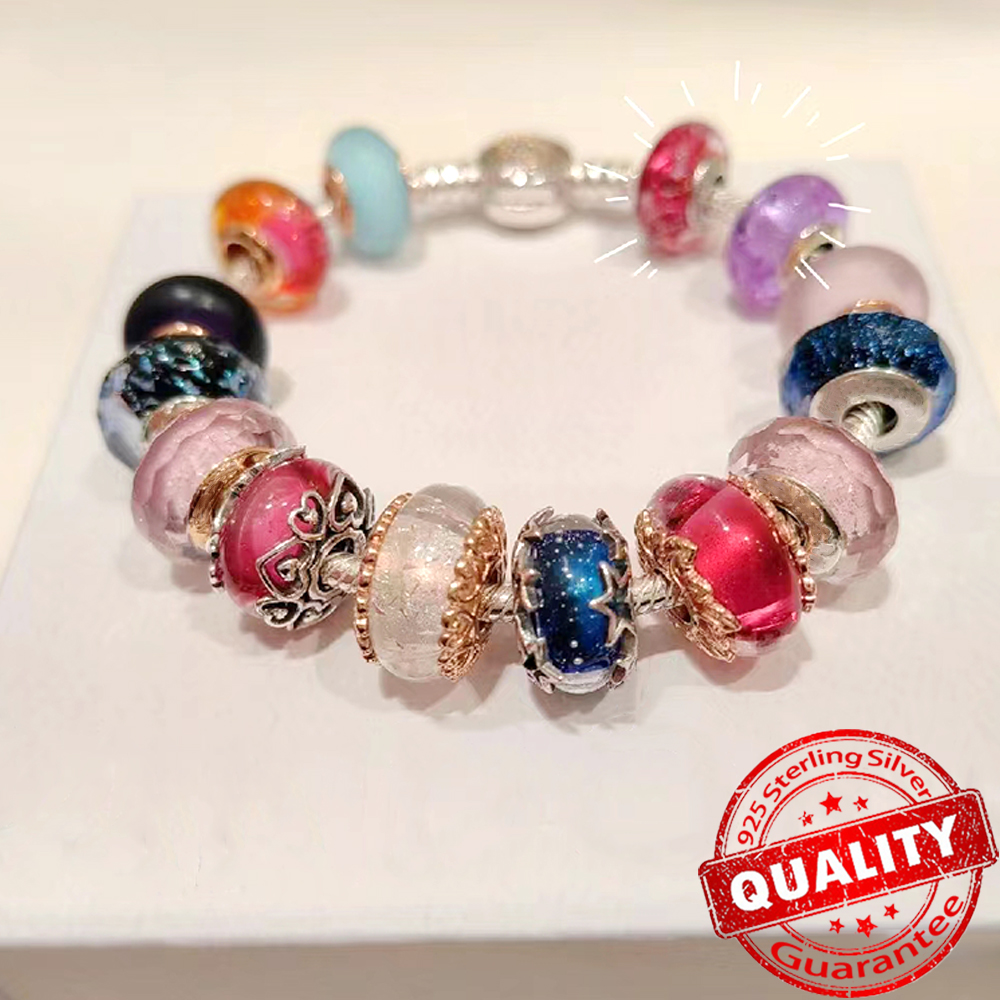 New 925 Sterling Silver Murano Colored Glass Beads Feather Charm Fit Bracelet Girls Fine Jewelry Gifts