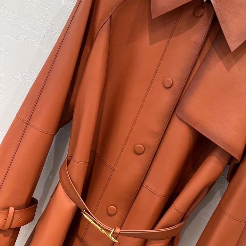 Women's Jackets Genuine Leather Jacket Women Coat Spring Top Technology TurnDown Collar 2023 Fashion Shoulder Sleeve Belted Trench 230324