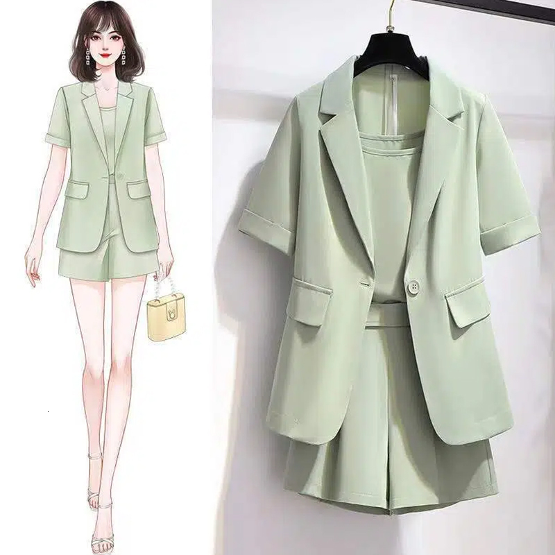 Two Piece Dress Small suit shorts set women summer 2023 fashion small person leisure network red Korean version of a threepiece 230324