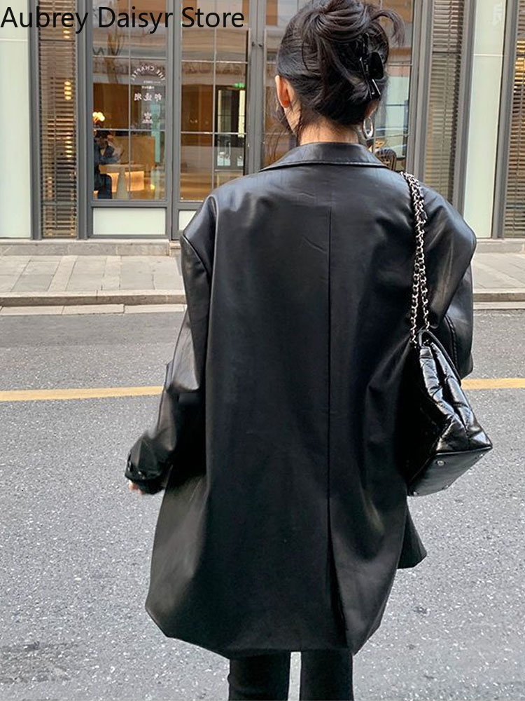 Women's Jackets Fashion Lady Black Leather Women Korean Chic Loose Blazers Streetwear Vintage Punk Biker 2023 230324