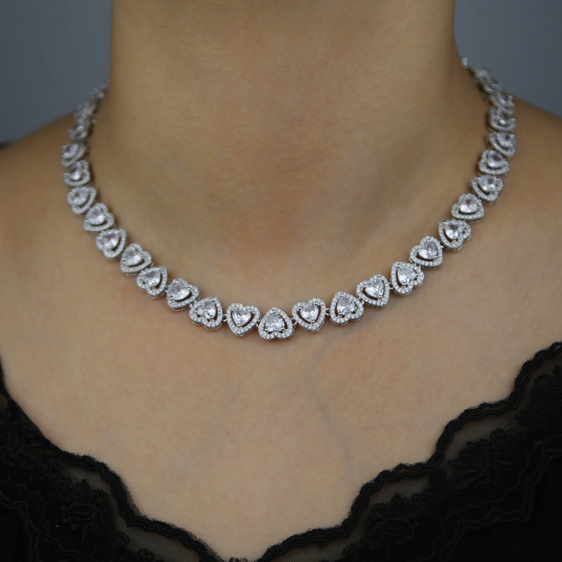 Heart Tennis Chain Choker Necklace Micro Paved Iced Out Bling Cubic Zirconia Luxury Heart Shaped Lovely Charm Short Necklace