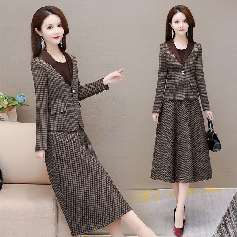 Two Piece Dres's Fashion Suit Skirt Twopiece Set Autumn and Winter Elegant Long Sleeve Vintage Blazer Coat Mid Skirts Suits 230324