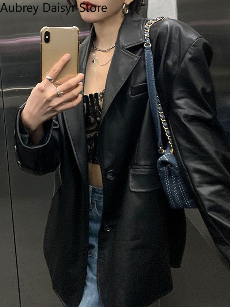 Women's Jackets Fashion Lady Black Leather Women Korean Chic Loose Blazers Streetwear Vintage Punk Biker 2023 230324