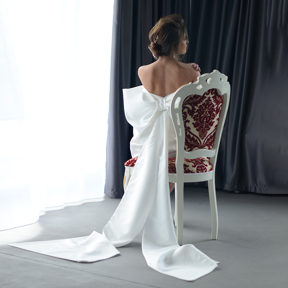 A-line Satin Short Wedding Dress Removable Bow Train Off the Shoulder Above Knee Mini Length Ivory Bridal Party Gowns Vestido de Noiva 2023