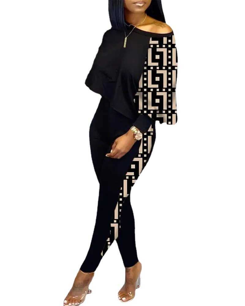 women tracksuits sport suits 2023 spring new women's long-sleeved round neck off-shoulder fashion casual suit S-3XL