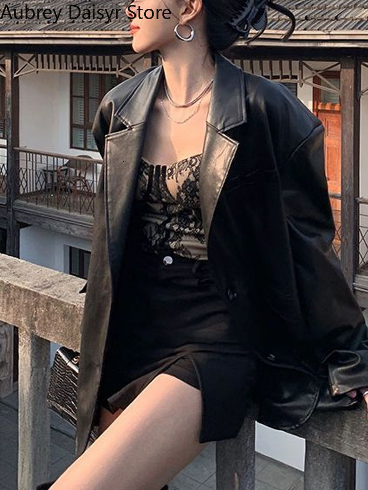 Women's Jackets Fashion Lady Black Leather Women Korean Chic Loose Blazers Streetwear Vintage Punk Biker 2023 230324